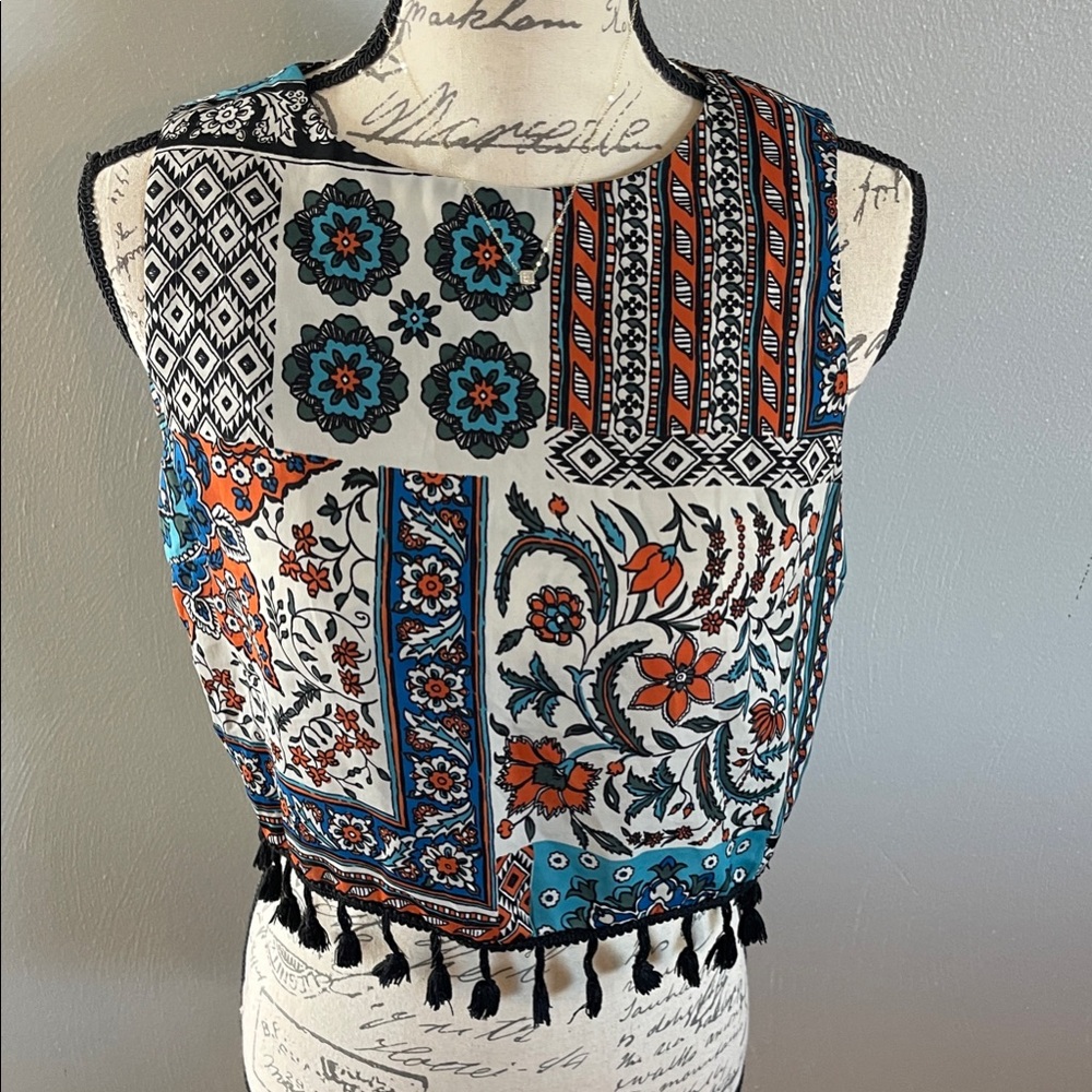 Earthbound Trading Co. Boho Patchwork Tassel Hem Tank Top Multicolor Size M